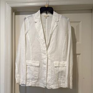 Eileen Fisher Notched Collar Flap Pockets White Irish Linen Button Blazer XS